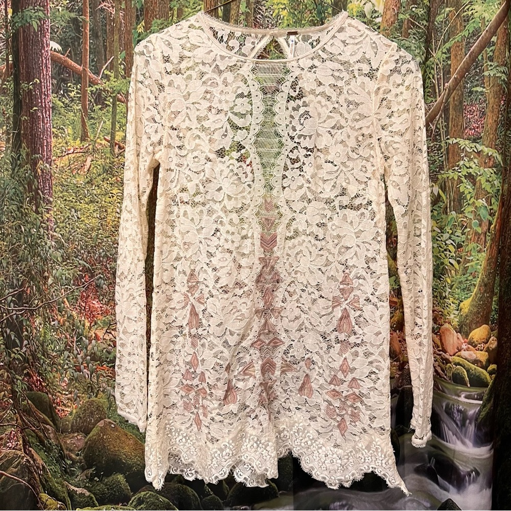 Free People Ivory Lace Tunic Top Blouse XS boho bohemian festival hippie